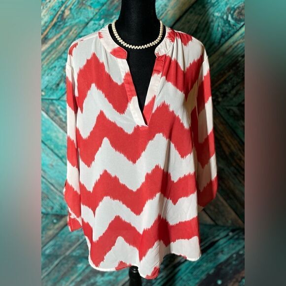 New Directions Orange & White Chevron V-neck Blouse Size Large EPC - Picture 2 of 6